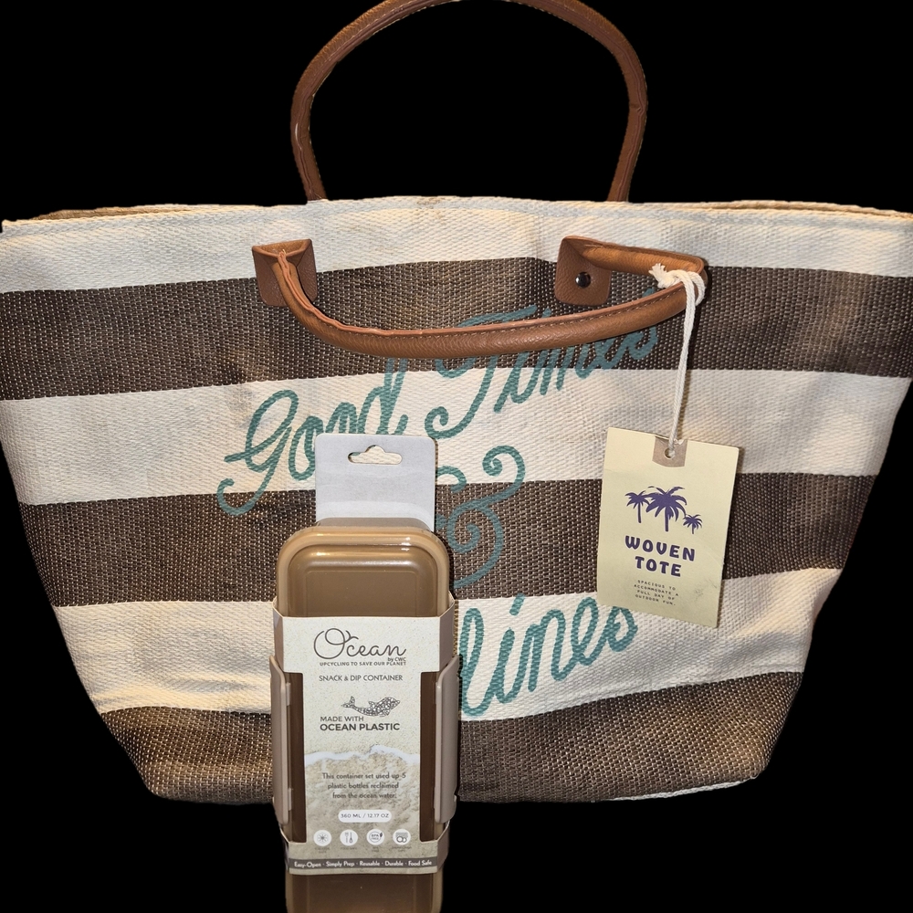 Striped Woven Tote Bag with Brown Handles